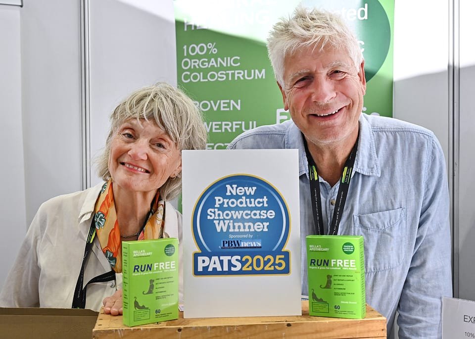 Figure 8. Bellas Apothecary's RunFree colostrum supplement, winner of the Pet Care New Product Award at PATS 2025. Field photo from the author's on-site collection, PATS 2025.