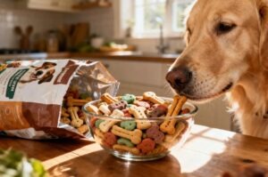 Golden retriever eating dry dog food from a bowl